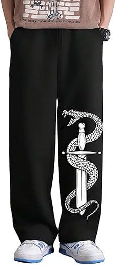 Anime Jogger Pants for Men, Black Track Pants with Snake and Sword Print, Korean Punk Style Baggy Fit Casual Wear Lower