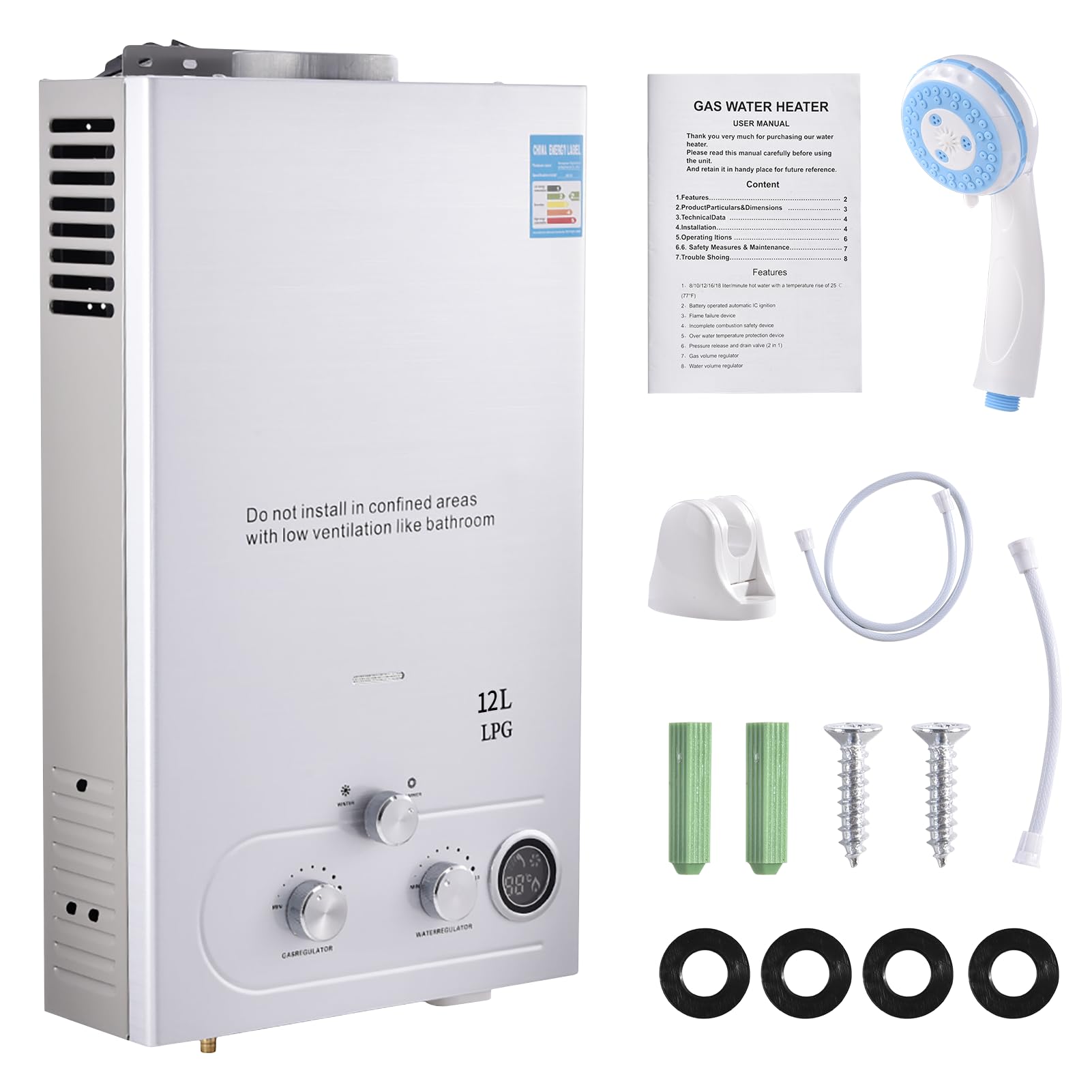 GPL10L - Scaldacqua a gas propano, 20 KW, senz'acqua, con kit doccia, bruciatore da campeggio, camper