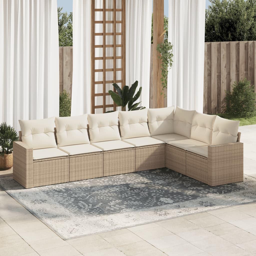 Set da 7 pezzi in polyrattan beige con cuscini, divano da giardino per terrazza, design modulare con vano portaoggetti e borsa idrorepellente, fodere sfoderabili e lavabili