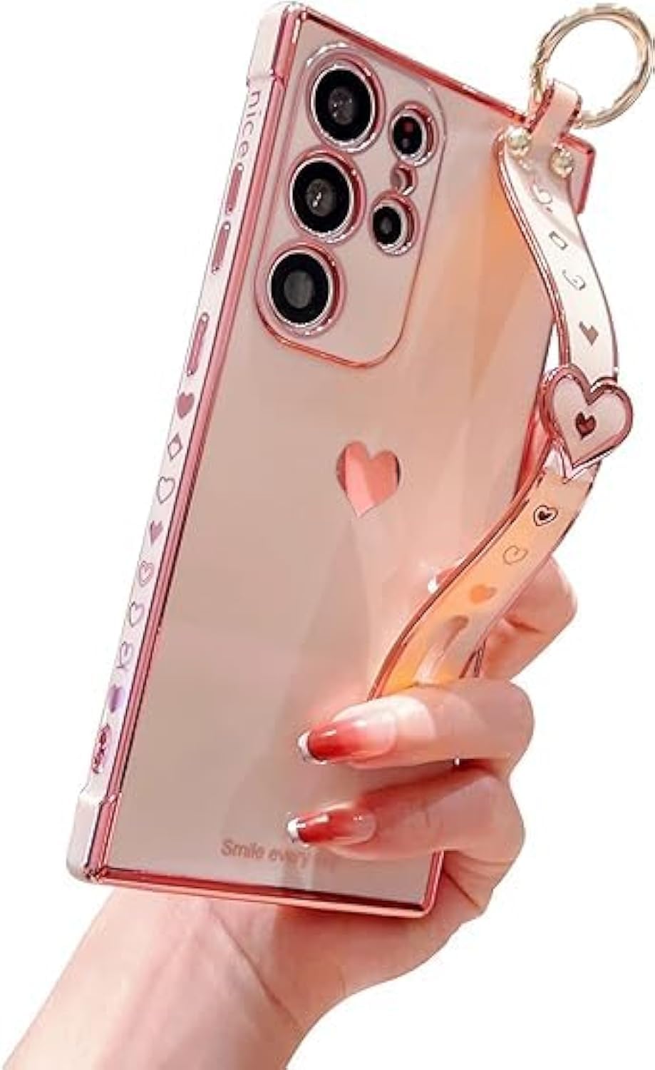 S24 Ultra Luxury Love Heart Plating Case for Girls Slim Soft TPU Cover Compatible with Samsung Galaxy S24 Ultra حالة مسنده معصمه | غطاء حزام المحمول | متوافق مع سامسونج جالاكسي S24 الترا (Pink)