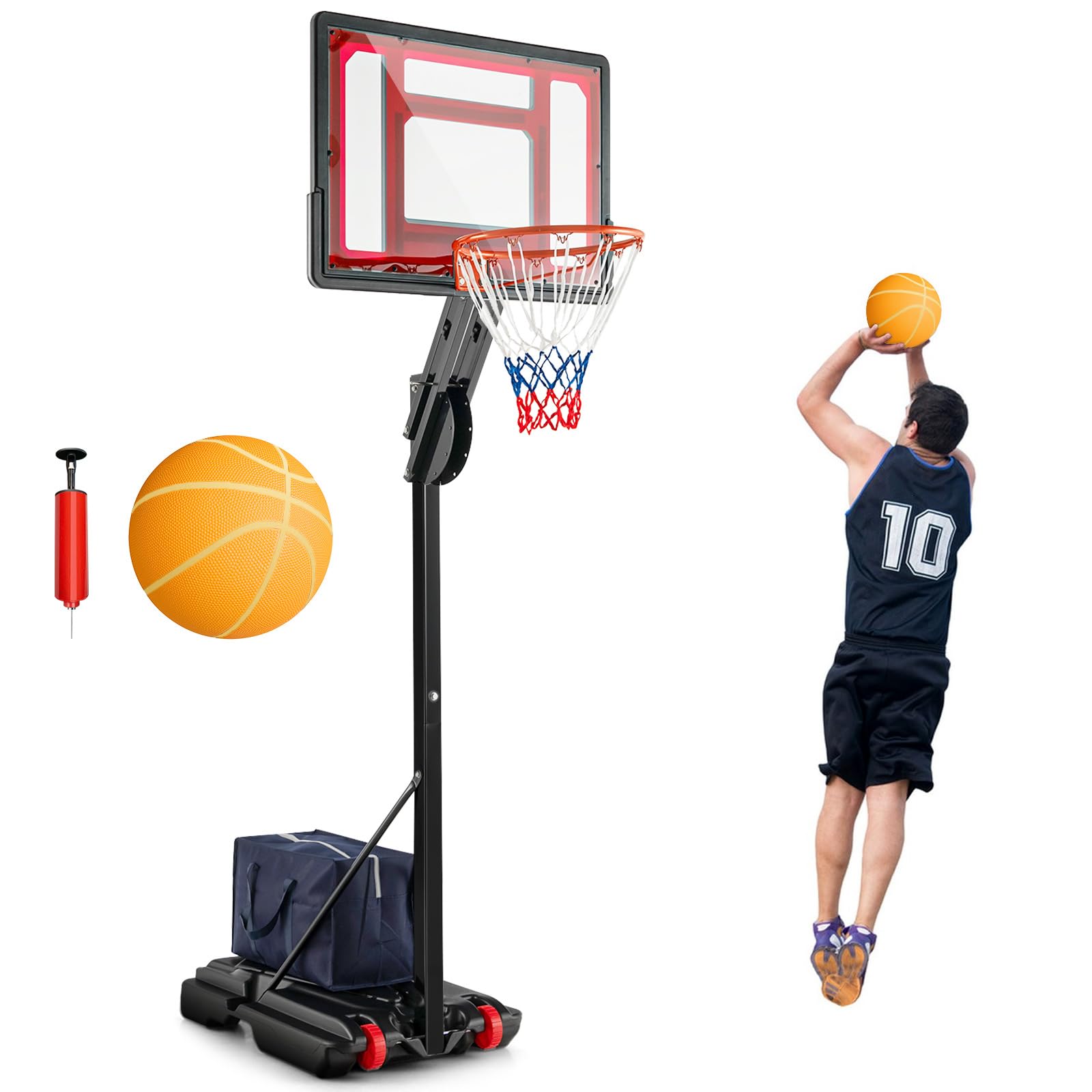 COSTWAY Panier de Basketball sur Pieds Hauteur Réglable de 1,55 à 3,1 m, Support de Basketball Portable avec Panneau Arrière en Pet Basket-Ball et Pompe, Intérieure Extérieure pour Enfants/Jaunes
