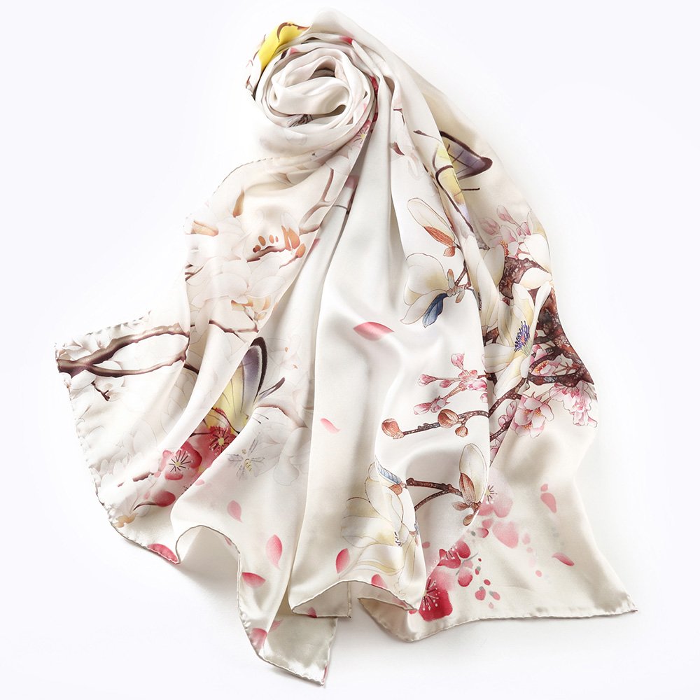 STORY OF SHANGHAI Sciarpa di 100% Seta Charmeuse da Donna Foulard a Raso con Fantasie Orientale, 56x177cm