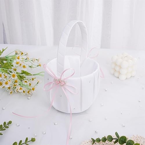 Miniatura 8 de QIRMIZI Juego de almohada para anillo de boda y cesta para niña de las flores, adornado con diamantes de imitación, satén blanco, rosa