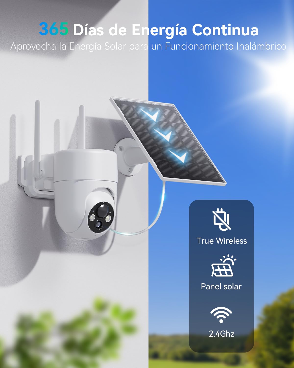 SEHMUA Camara Vigilancia WiFi Exterior Solar, 2K Cámaras de Vigilancia sin Cables con Batería, 360° PTZ, Visión Nocturna Color, 2.4 GHz Wi-Fi, PIR Detección, Audio Bidireccional, IP66, 2 Piezas