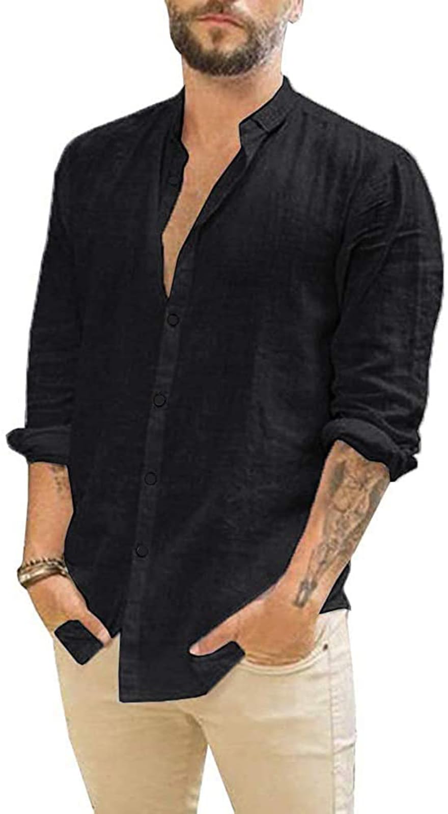 Friptspyg Leinenhemd Herren Hemd Langarm Baumwolle Leinen Hemden Button-Down Freizeithemden Casual Regular Fit Sommerhemd