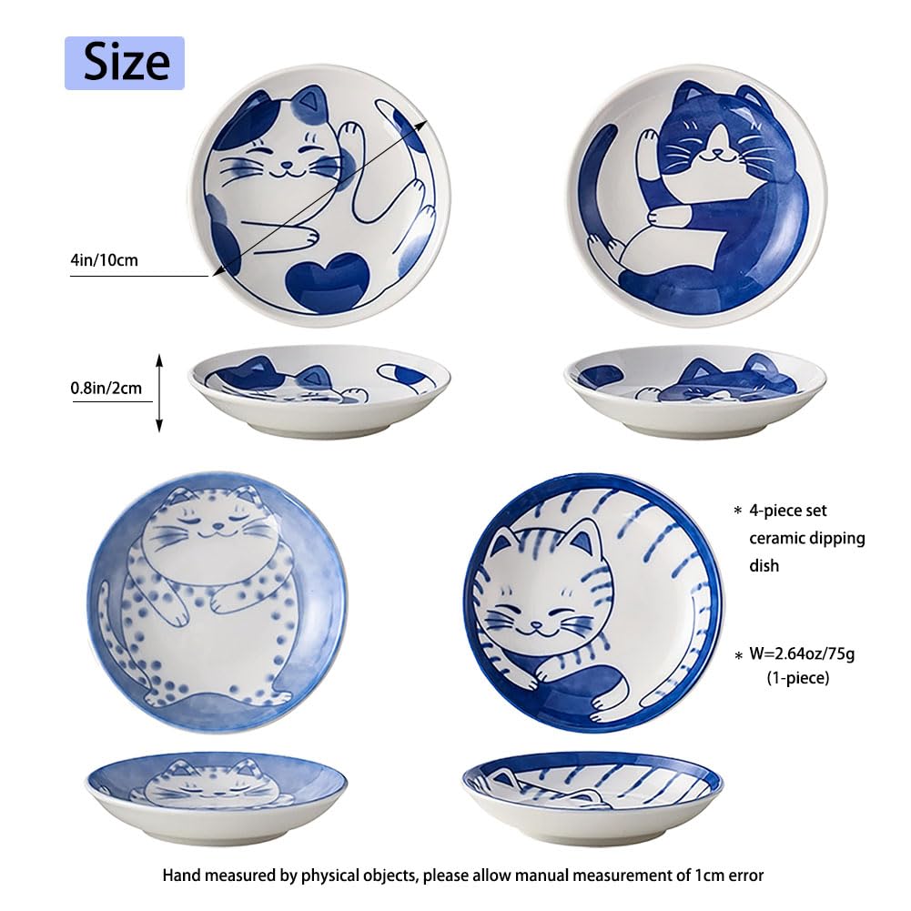 Cute Cat Soy Sauce Plate Set of 4, Japanese Ceramic Cat Bowls - Small 4 Inches Set for Appetizer, Dessert, Sushi - Serving Dish Set of 4