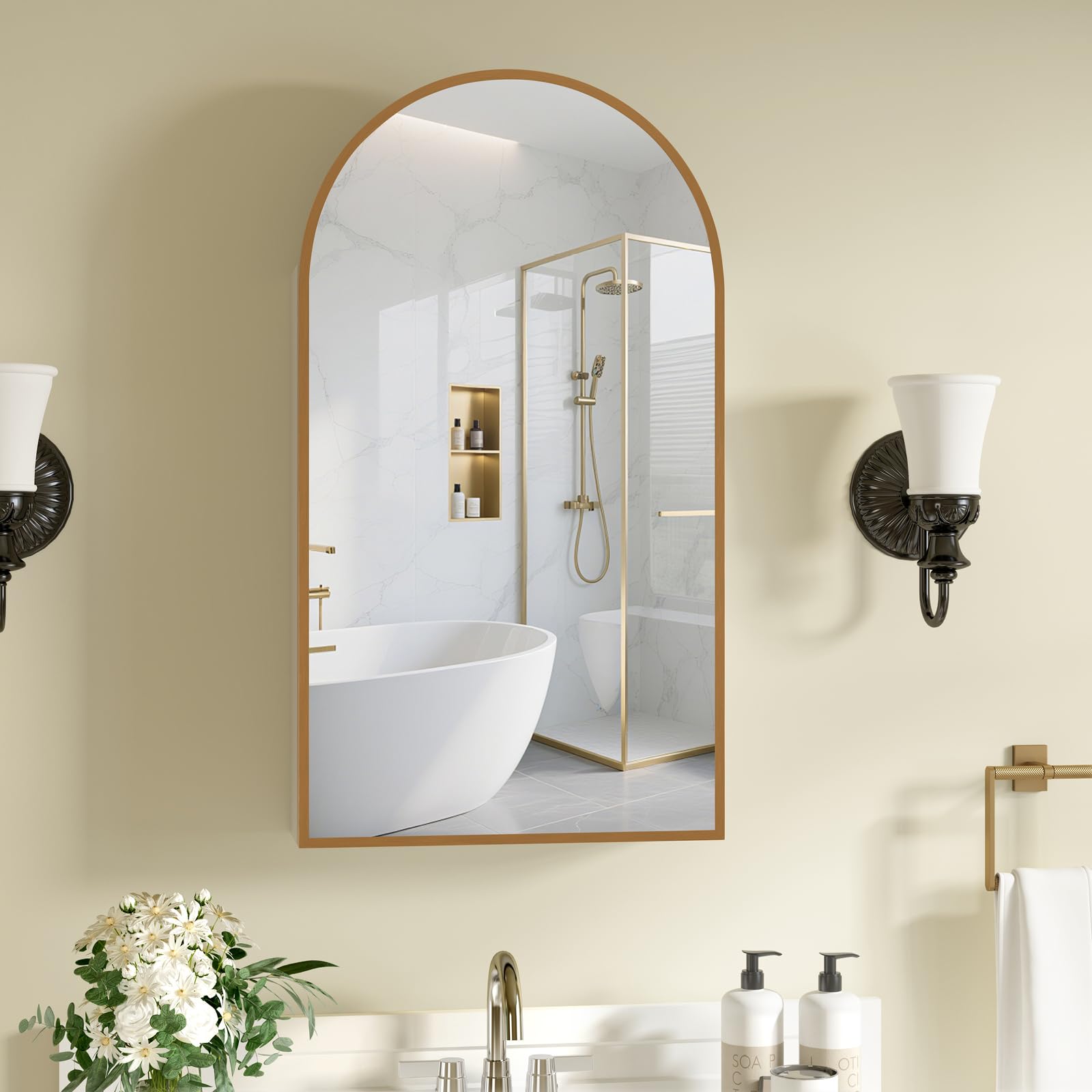 arched medicine cabinet with light,recessed led medicine cabinet mirror with storage for bathroom, bathroom cabinet with mirror 20x36'',dark gold