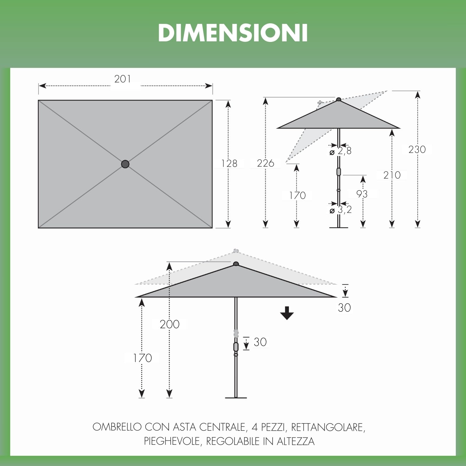 Doppler City ombrellone da balcone 200x125cm I Parasole rettangolare con protezione UV I
