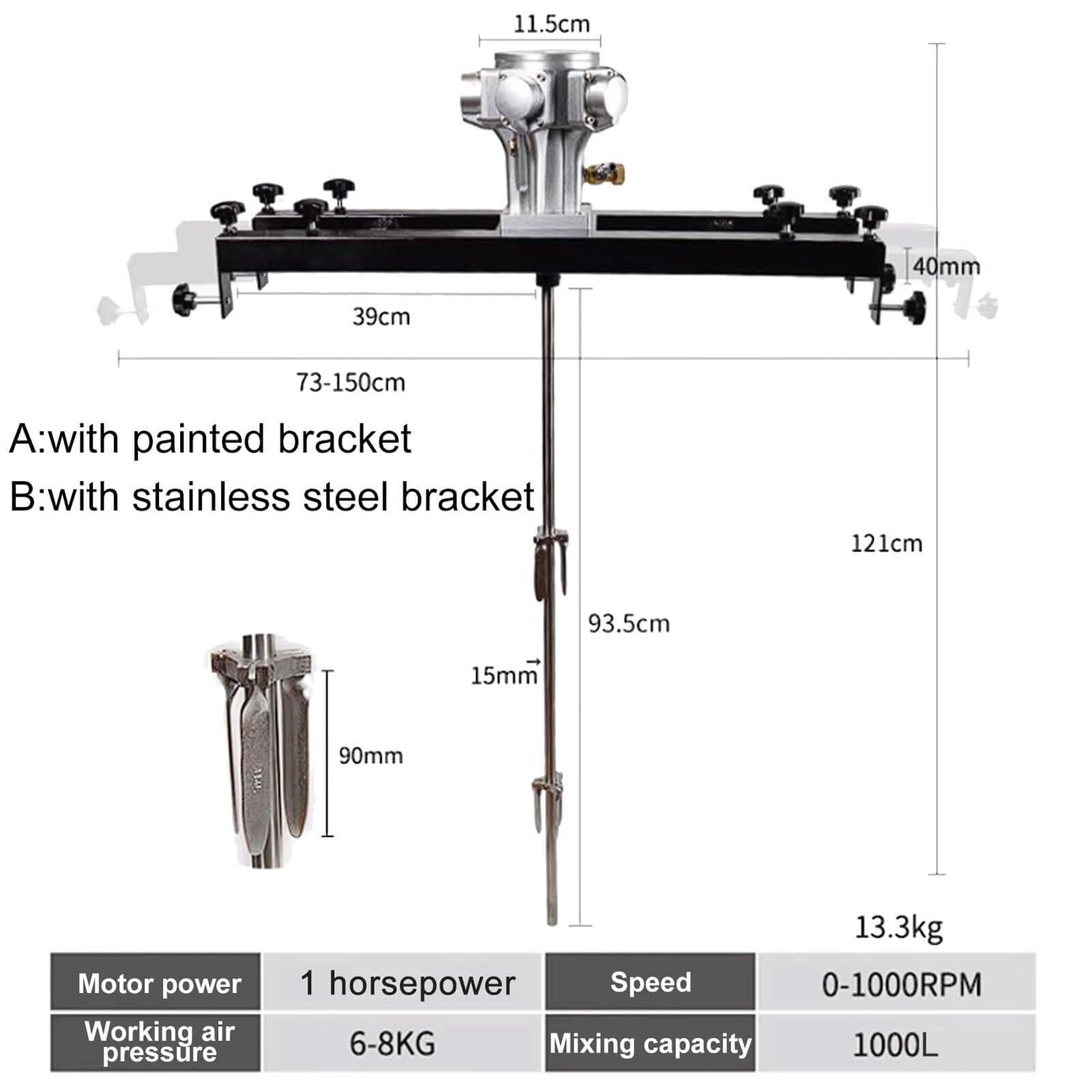 Mezclador neumático de Pintura, agitador neumático IBC de 1 tonelada/1000 litros con Soporte y hélice Plegable, Motor neumático de 265 galones, máquina mezcladora de Pint