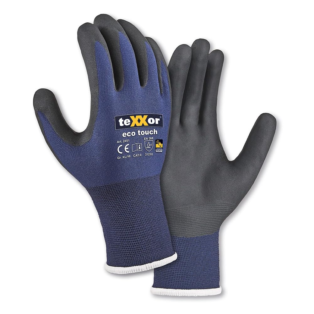 texxor 12 Stück Nylon-Strickhandschuhe eco touch® 2451, Packung, dunkelblau-schwarz, 9/L