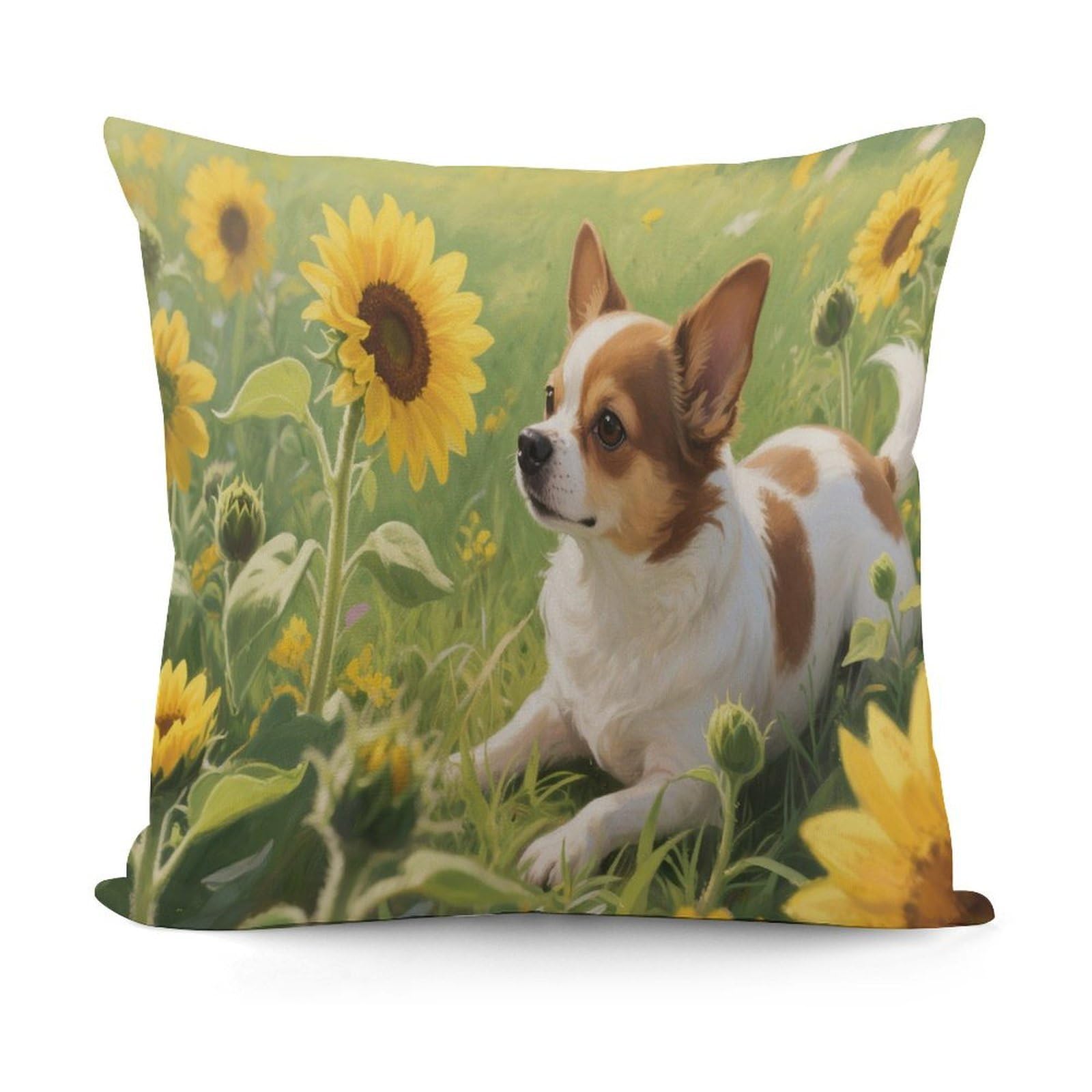 VstaDank Chihuahua Dog Sunflowers Throw Pillow Covers Fade-Resistant Removable Pillowcase Square Cushion Case Cozy Pillow Case Breathable Pillow Protector Soft Pillow Shams 18"x18"