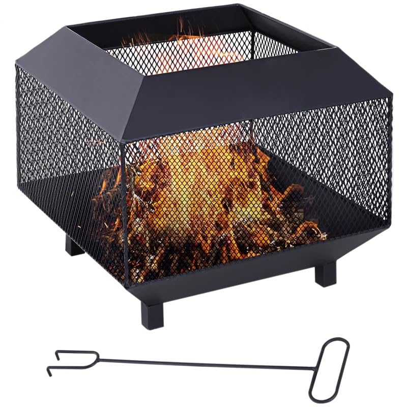Metal Square Fire Pit Outdoor with Mesh Screen, Black Iron Brazier, Wood Burning Stove with Lid, Log Grate, Poker for Backyard Camping, 44x44x40cm