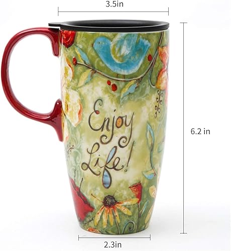 Miniatura 5 de DUSVALLY Taza de cerámica grande taza de café alta tazas de viaje taza de té con leche de porcelana con tapa de 17 onzas, disfruta de la vida,