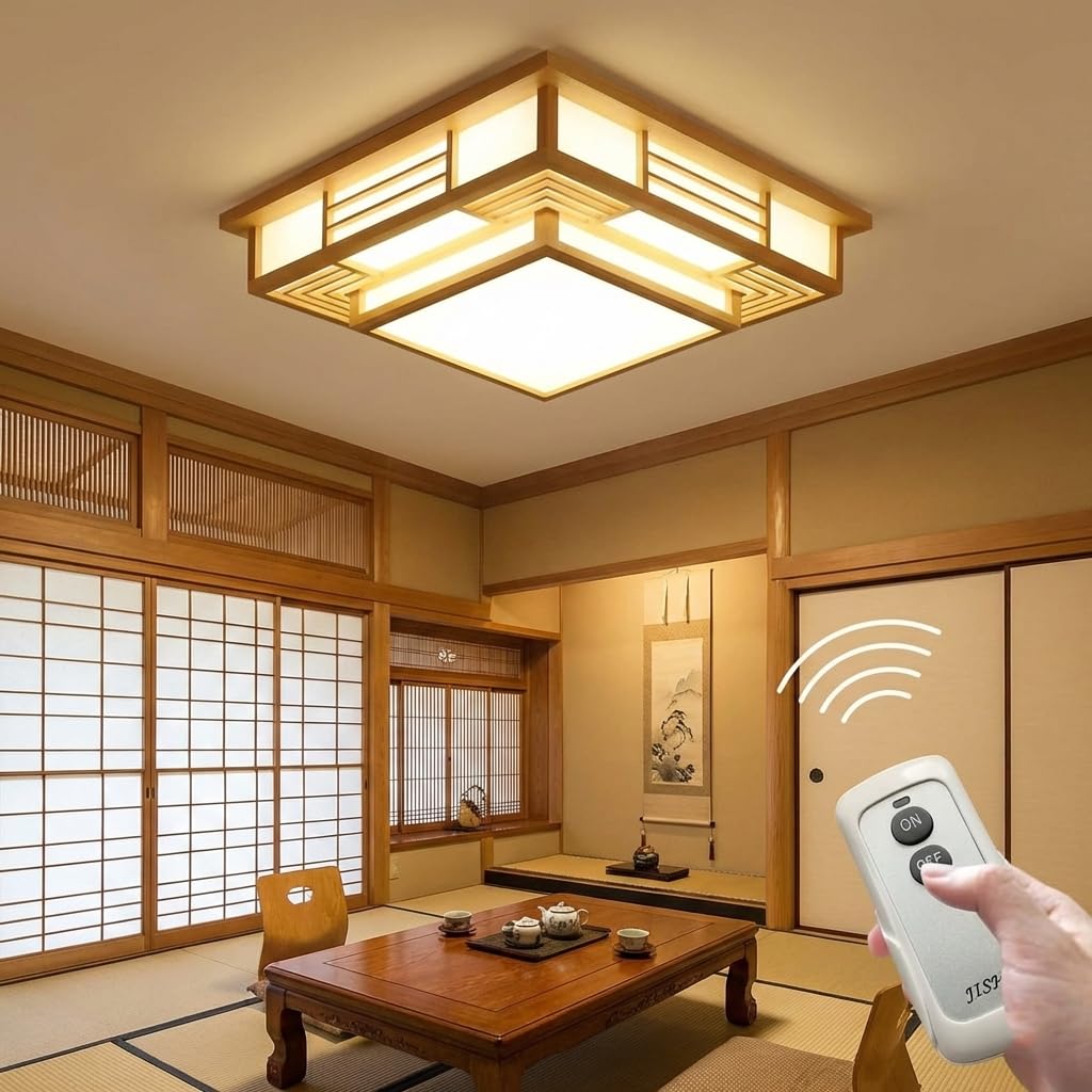 Lámpara de techo de madera japonesa LED lámpara de techo candelabro 3 colores regulable dormitorio sala de estar lámpara de PVC imitación de piel de oveja lámpara de techo con mando a