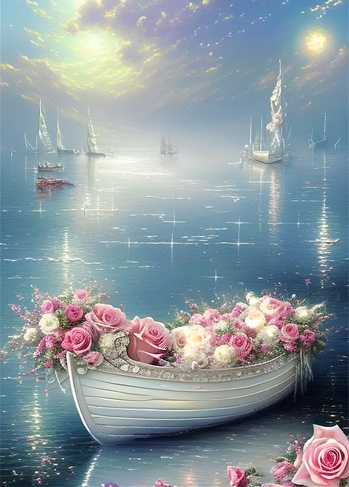 Moohue 14CT Stamped Cross Stitch Kits for Adults Beginners Counted Cross Stitch Kits for Adults Advanced (Flowers and Boats), HJKL01