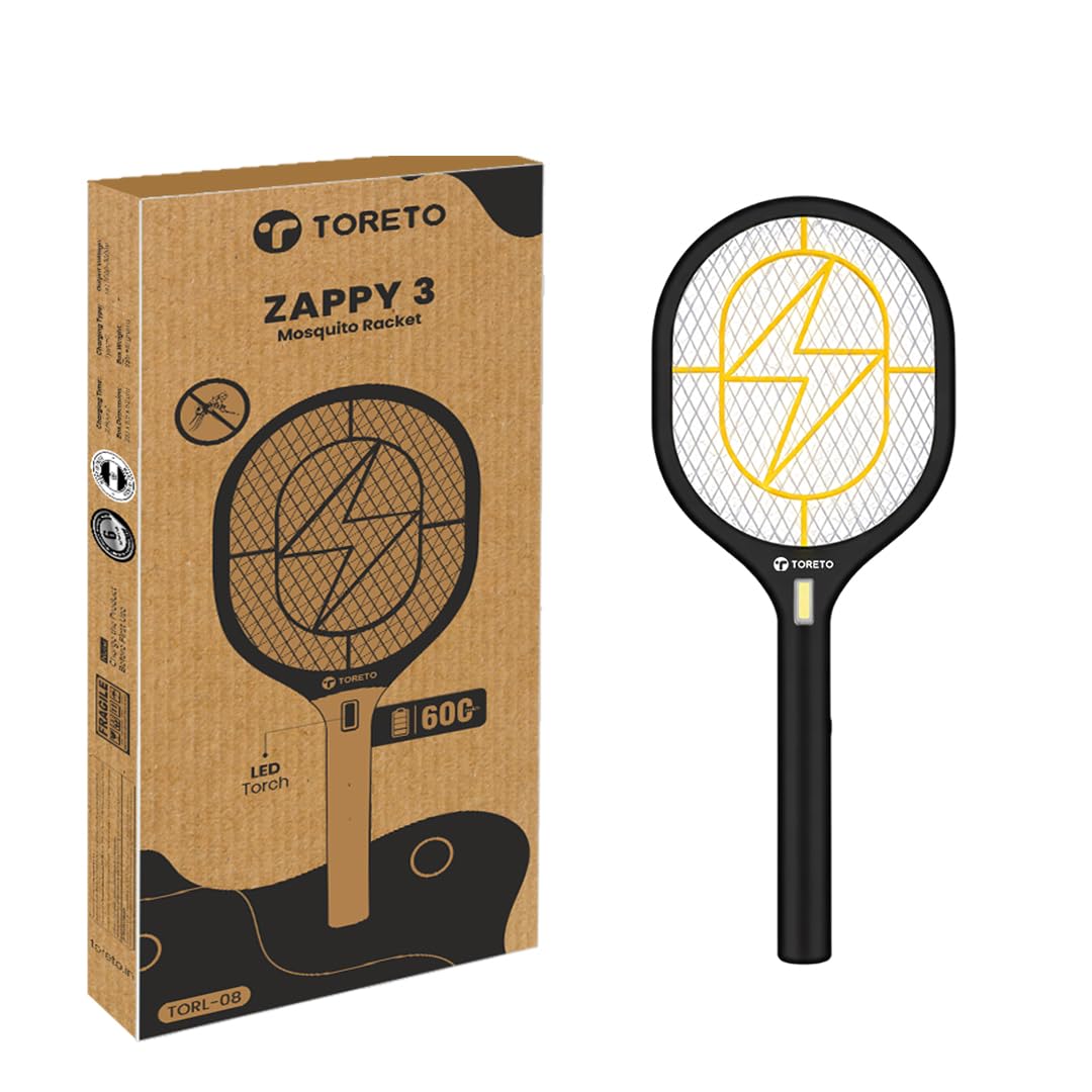 Toreto Zappy 3 Rechargeable Mosquito Killer Bat, LED Torch, Type-C Fast Charging, Double Layer Safety Grill, Made in India | Electric Fly Swatter, Mosquito Killer Racquet (Black+Yellow)