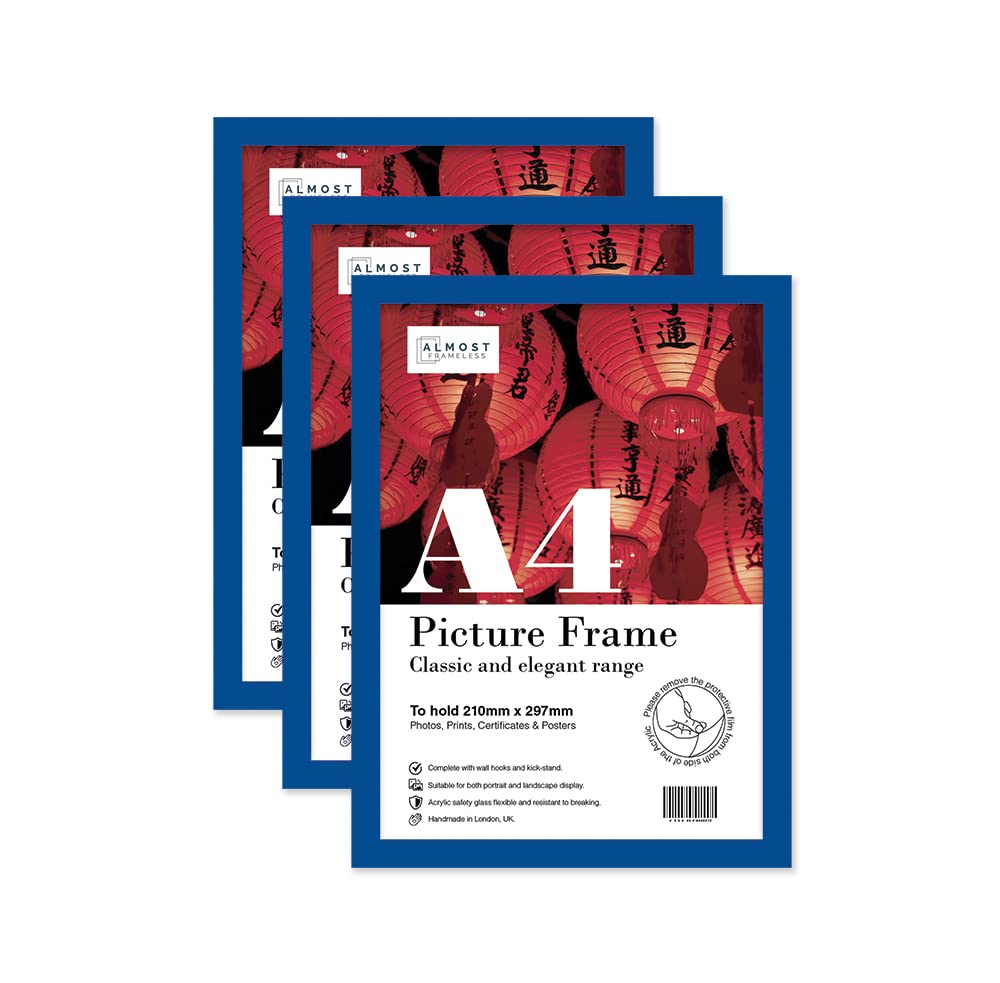 Almost Frameless A4 Blue Picture Frame Set of 3, Display A4 Picture Gallery Wall, Poster, Photo, Artwork, or Print, Blue