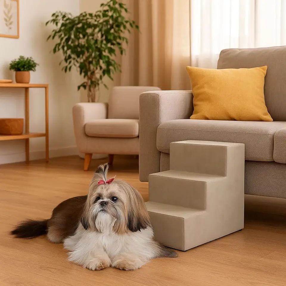 Escada Pet Com 3 Degraus Seguro Para Animais Idosos Bege