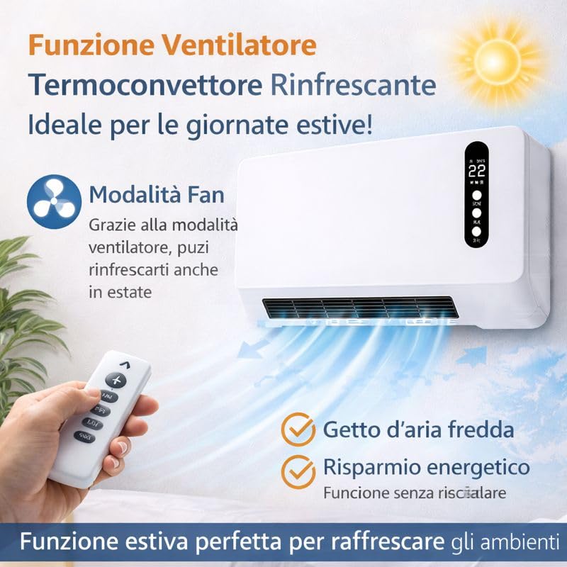 Termoconvettore Ceramico Elettrico da Parete con Funzione Ventilatore Estiva Telecomando e Timer Display LCD 2 Livelli di Potenza 1000W / 2000W – LEMAG SRL