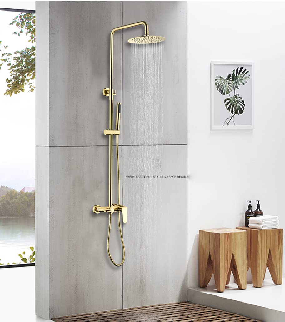 Sistema Doccia a Parete Pistola Grigio Caldo Freddo Ottone deviatore Miscelatore Bagno Doccia rubinetti con soffione Doccia a Pioggia da 8-10 Pollici e doccetta, Set Doccia di Lusso, Oro Spazzolato,