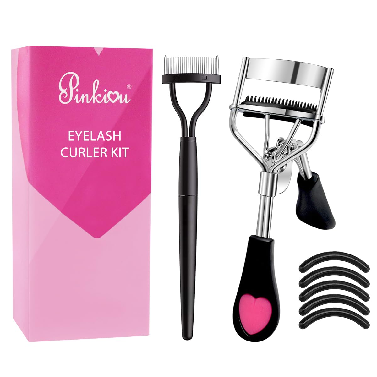 Pinkiou Eyelash Curler Set with Built-in Comb, Heart-Shaped Handle, Separator Tool & 5 Silicone Pads - Pro Lash Curl for All Eyes