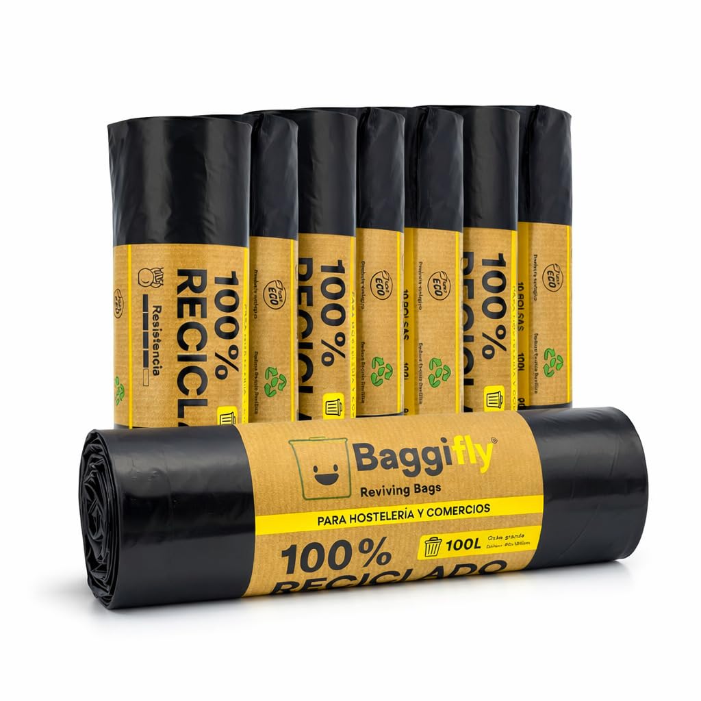 Baggifly, 100L Trash Bags, 80 Super Resistant Bags, 100% Recycled, Eco Friendly, Hospitality, Shops and Gardening, Pack 8 x 10, Made in Spain
