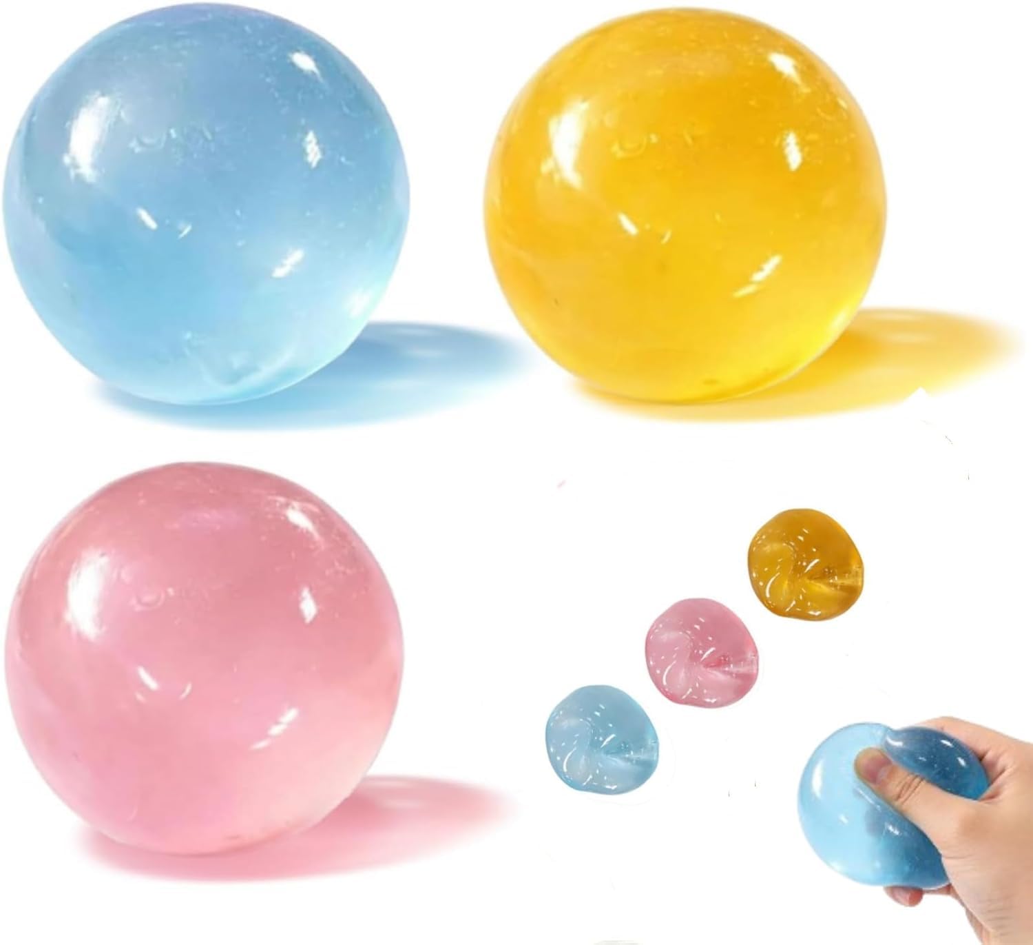 Coconut Oil Squishy Stress Ball 3 Pack - 6cm Slow Rising Sensory Toy (Blue, Pink, Yellow) - Odorless Non-Sticky Maltose Squeeze Toy for Anxiety Relief, Office Desk, Classroom Focus
