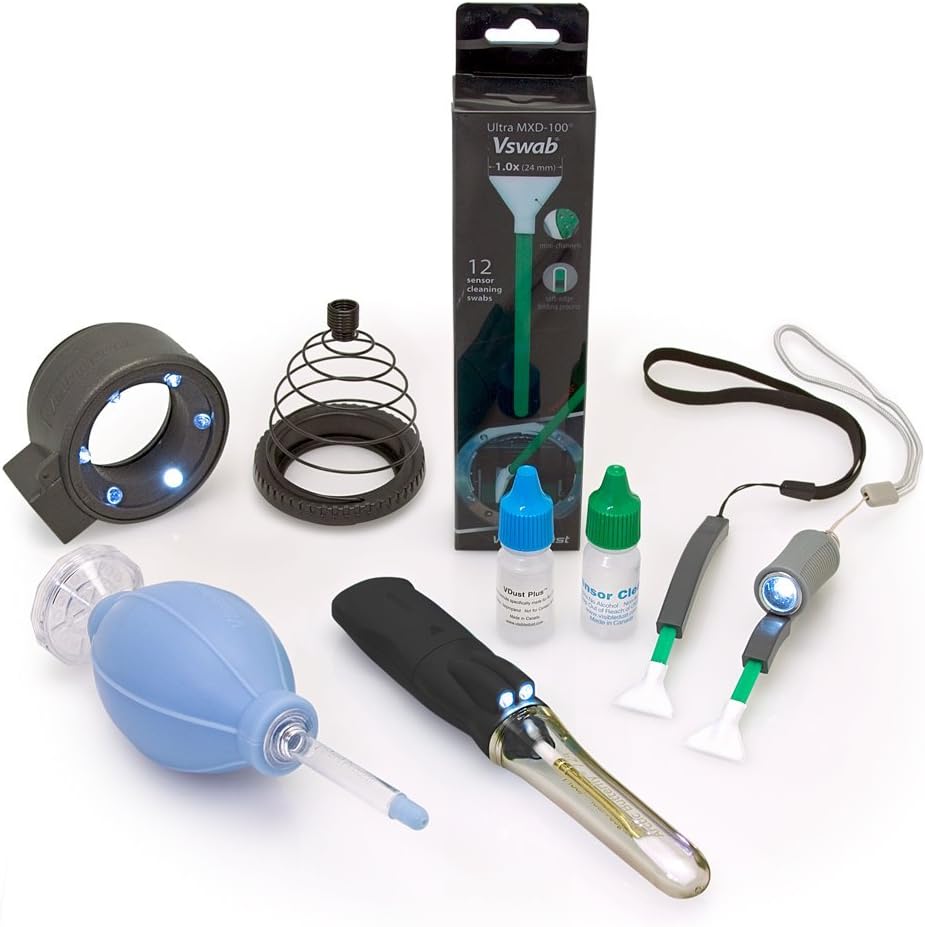 Visible Dust Nikon Pro Bundle B Sensor Cleaning Set with 1.0x Green Vswabs, Includes Arctic Butterfly 724 Super Bright, Quasar Plus Sensor Loupe 7x, Sensor Clean & VDust Plus Cleaning Liquid, CurVswab Set, Improved Zeeion Sensor Blower, FlexoDome for Nikon, SwabLight