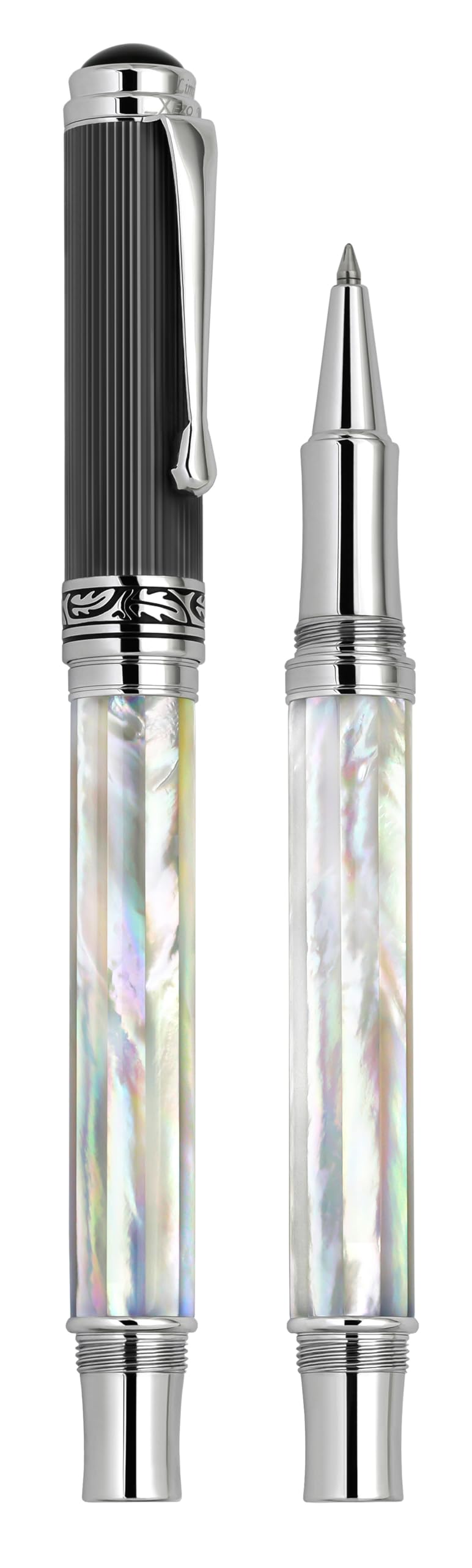 Xezo Bolígrafo roller Maestro hecho a mano, punta fina. Madreperla blanca iridiscente de origen oceánico con carbono similar al diamante PVD. Numerado, cada bolígrafo es único