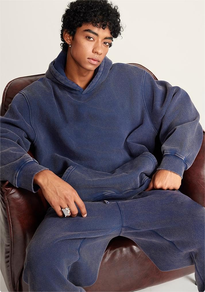 Mens Oversized Hoodies Pullover Vintage Sweatshirt Acid Wash Heavyweight Plush Cotton Baggy Streetwear Top Athletic - Image 7