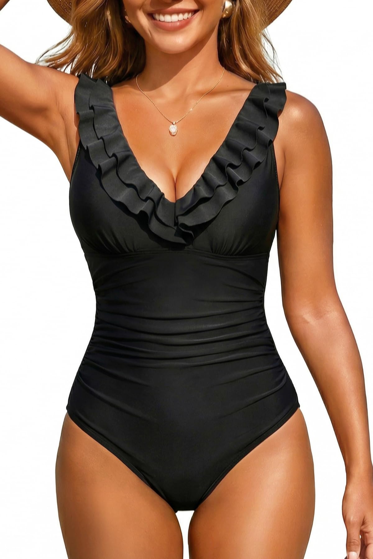 Women Deep V Neck One Piece Swimsuit Tummy Control Swimsuits Ruffled Bathing Suit Black S-image-30