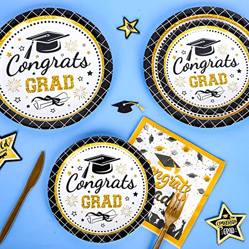 Whaline 40Pcs Graduation Paper Plates Congrats Grad Round Disposable Plates 9Inch & 7Inch Black Buffalo Plaid Gold Decorative Tableware For College School Graduation Party Supplies Table Decorations #TOP2