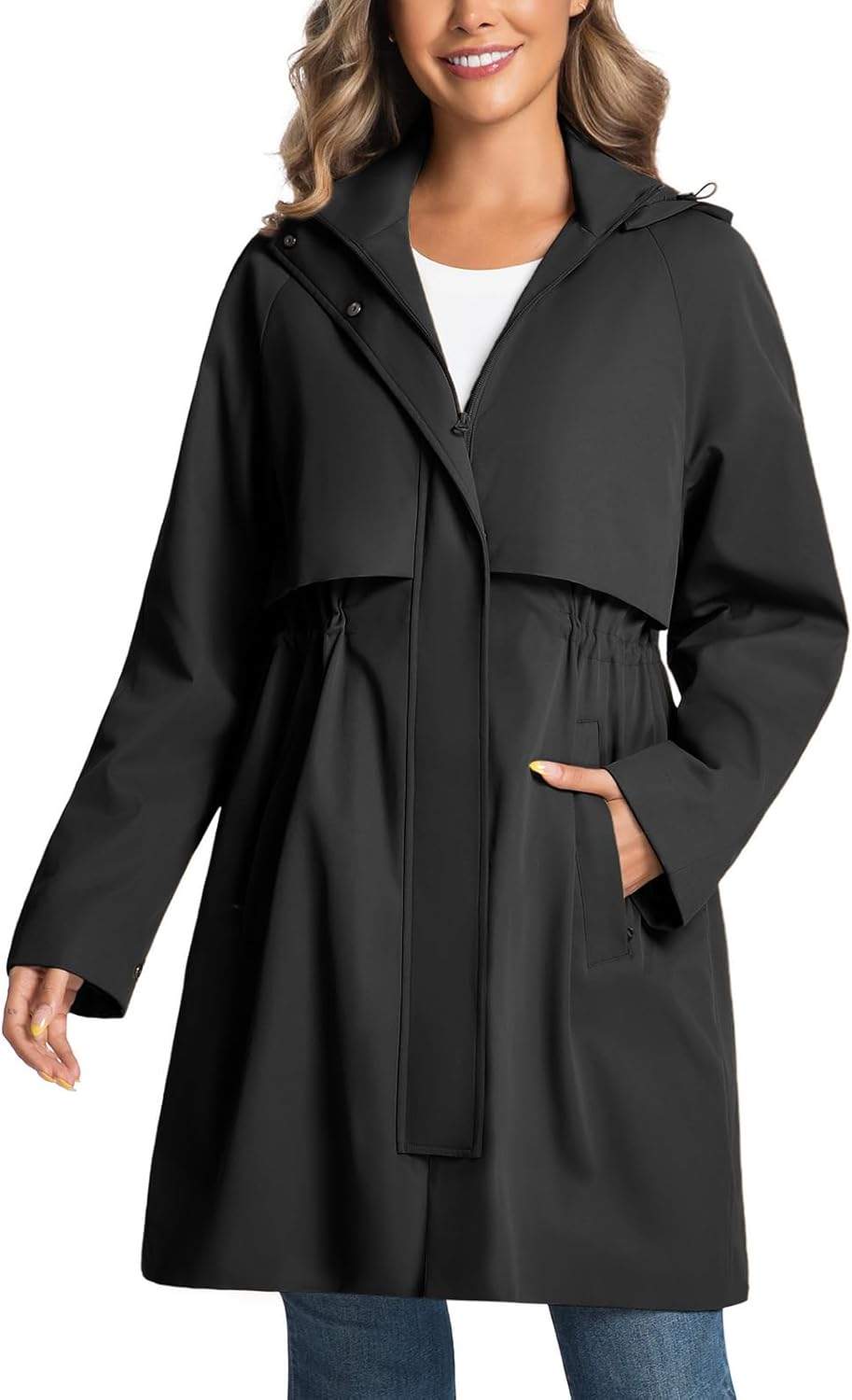 PUREPEAR Trench Jackets for Women Lightweight Waterproof Detachable Hood Coat Windbreaker Long Sleeve Raincoats with Belt