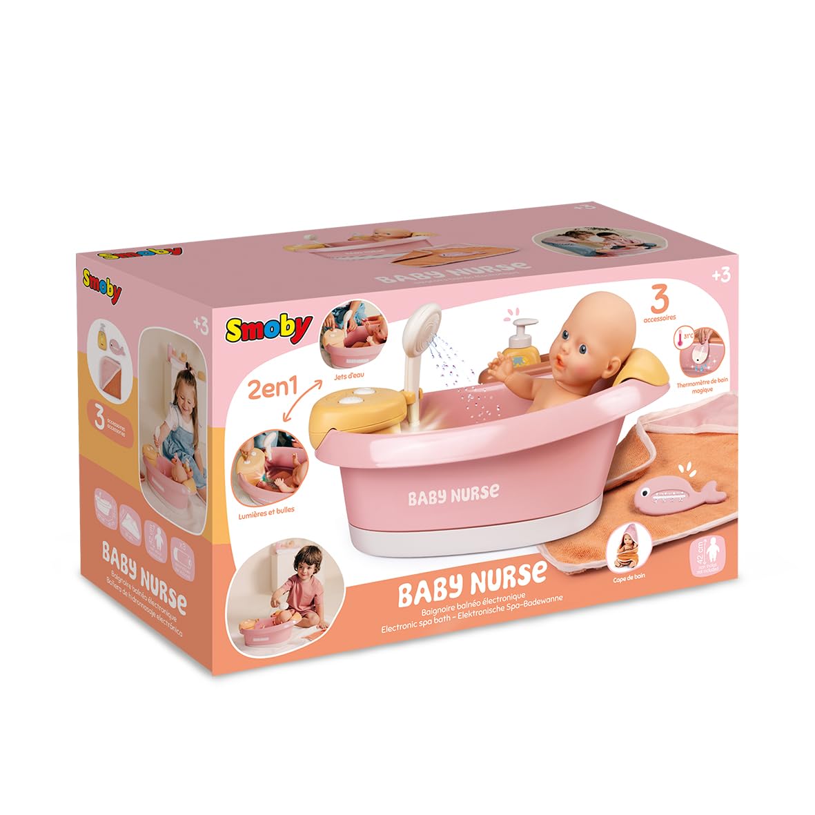 Smoby Baby Nurse Baignoire Balnéo pour Poupons 42 cm Module Electronique Jets d'eau Bulles Lumières LED Accessoires Jeux