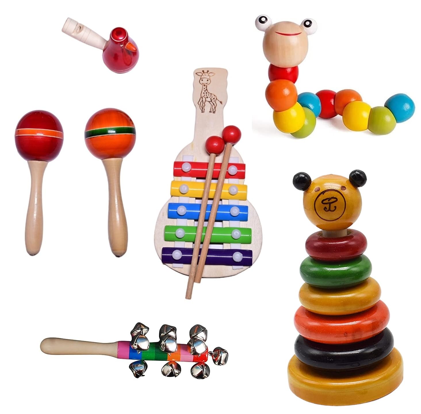 Channapatna Toys Montessori Learning Musical Rattles Wooden Toys Box, 6