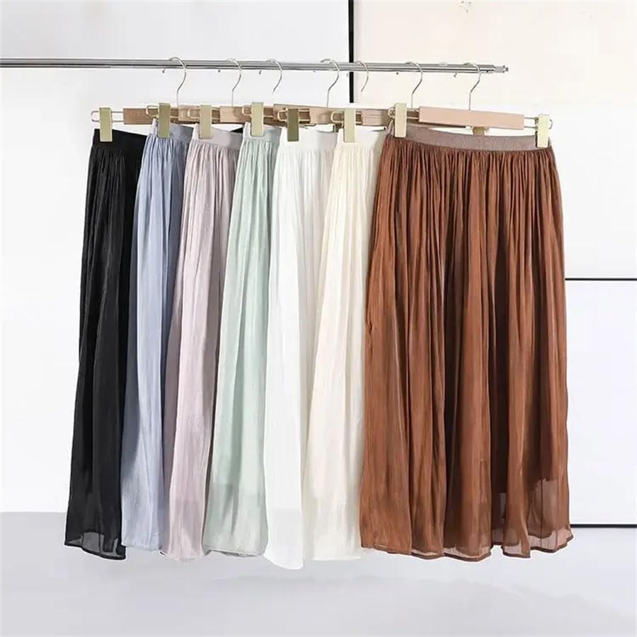 Women's Solid Satin A Line Midi Skirt with Elastic Waist Summer Casual Loose Fit Pleated Skirt3