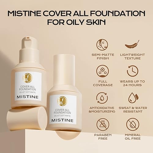 Miniatura 4 de MISTINE Base líquida de maquillaje de cobertura completa para pieles grasas, base de maquillaje con control de aceite las 24 horas, fórmula