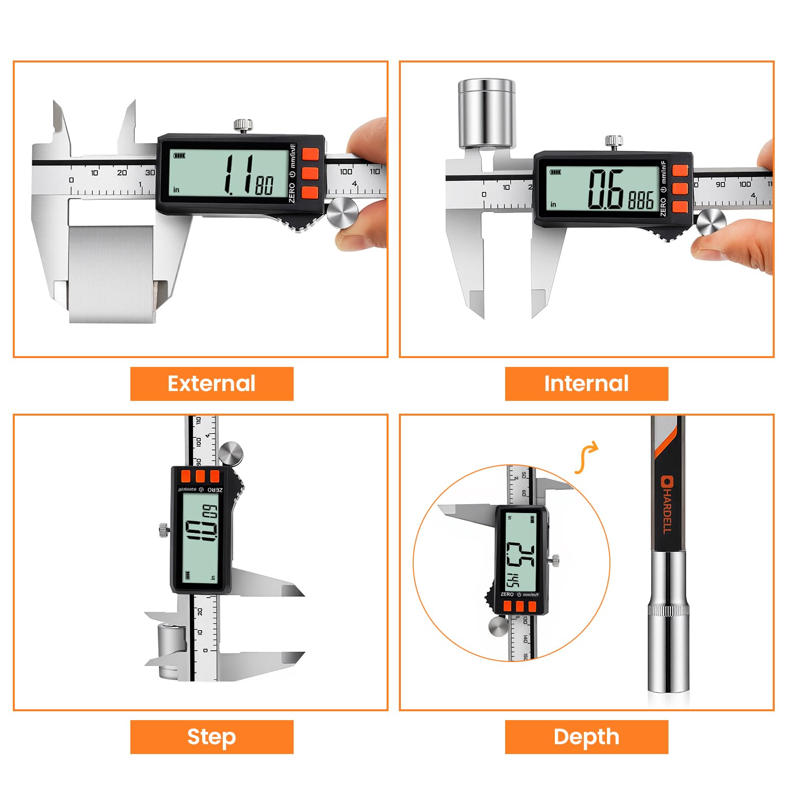 Calibrador digital recargable con pantalla de alimentación, micrómetro digital HARDELL de 6 pulgadas con pantalla LCD grande, apagado automático, herramienta de medición de calibrador con conversión