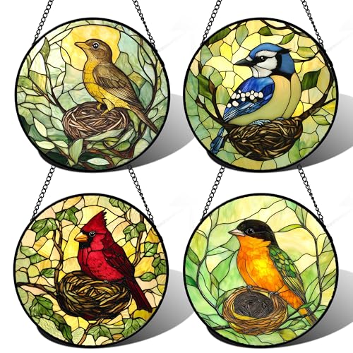 Image of DASTOLL Stained Glass Window Hanging 4 Pcs Set Bird Theme On Branch Large 11.8 inch - Cardinal Suncatcher Door Garden Sun Catcher Decor Birthday Christmas for Mom Woman Nana Men