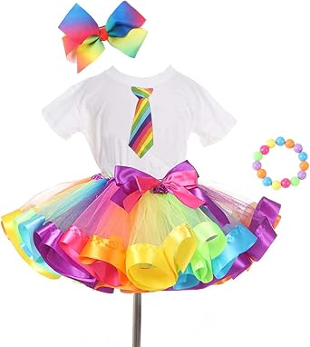 Girls Kids Rainbow T-Shirt and Colorful Ballet Tutu Skirt & Hair Bows with Beaded Bracelet Set