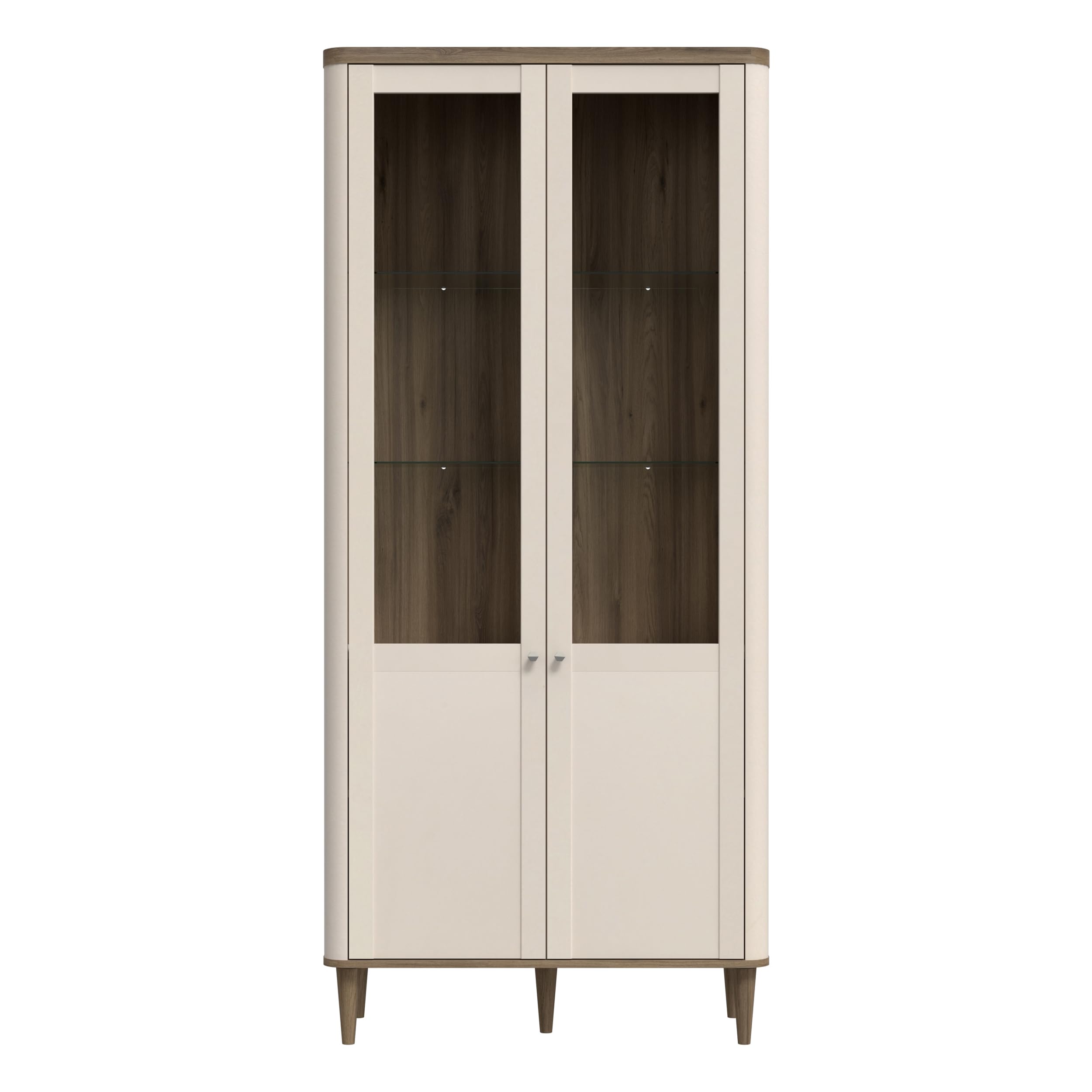 Forte LACETTI Vitrine 90, Moderne Wohnzimmervitrine mit Skandi Lamellen Design, 2-türig, Holzwerkstoff, Kaschmir | Beige mit Valencia Eiche Holzdekor, 90,1 cm breit x 200,5 cm hoch x 41,2 cm tief