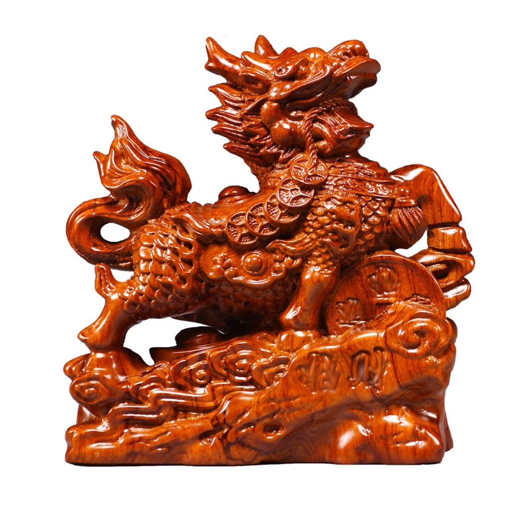 ATREDESES Office Decor Wooden Carved Kirin Ornament Wooden Household Home Entryway Desktop Decoration Home Decor(11.81in)