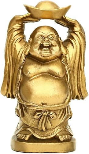 BRASSTAR Adorno de latón Feng Shui Estatua de Buda riendo sosteniendo lingote bolsa de dinero para oficina en casa Figura decorativa Atrae riqueza