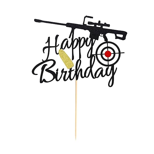 Miniatura 6 de Arthsdite Decoración para pastel de cumpleaños con diseño de pistola de feliz cumpleaños, decoración de objetivo de bala, suministros de fiesta