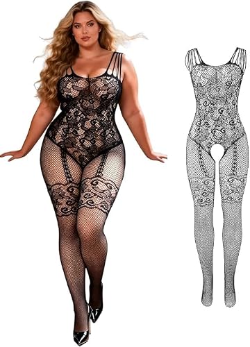 Image of comeondear Plus Size Body Stockings Full Body 3XL-5XL, Open Gusset Fishnet Sexy Outfits Stretchy Bodystockings Valentines Lingerie Mesh Bodysuit, Black