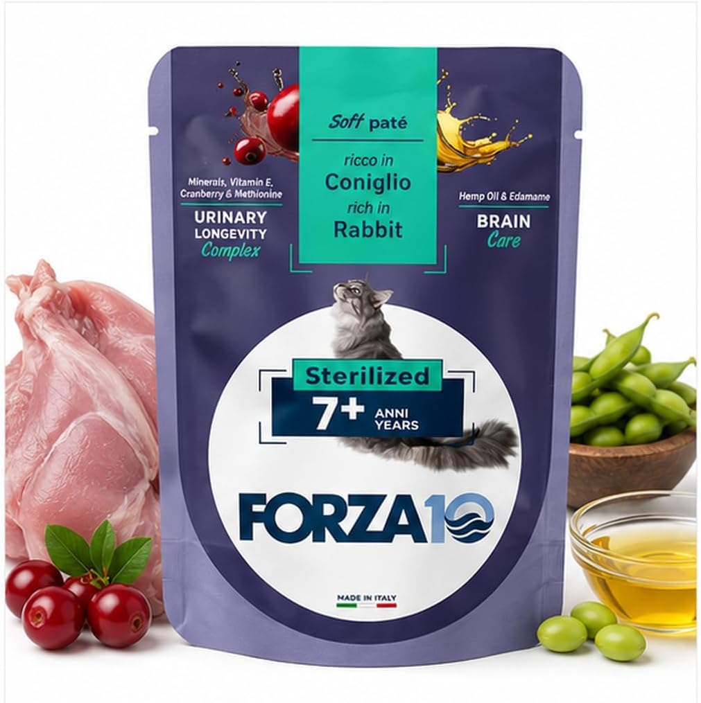 Soft Patè Gatto Coniglio 7 anni sterilized– Forza10 Cibo Umido per Gatti Anziani sterilizzati di tutte le Taglie e Razze,Monoproteico,24 Bustine x 80g, Alimento Completo.