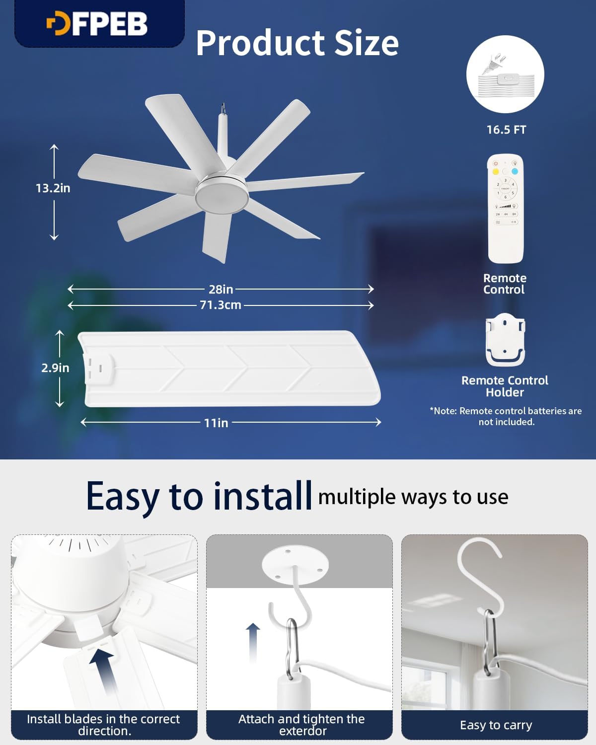 28'' Outdoor Ceiling Fans with Lights and Remote, LED Gazebo Hanging Fan with Hook, 3CCT 3000K-6500K Dimmable Gazebo Fan, 6-Speed Quiet Ceiling Fan with Timer for Patio, Porch, Pergola, Garage, white
