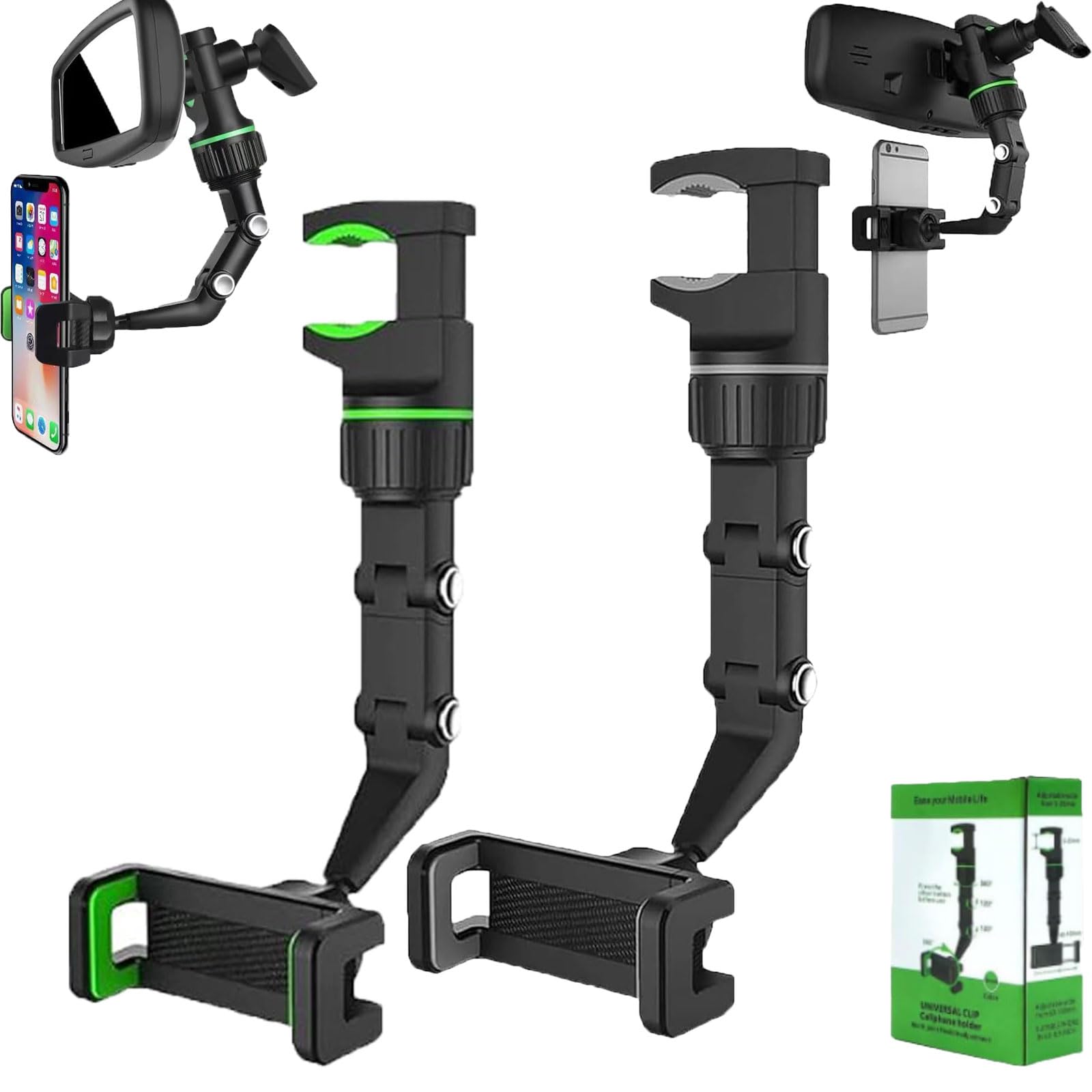 Rotato Grip Cell Phone Holder, Rotatogrip Phone Holder, 360 Car Phone Holder Rear View Mirror Mount, Multifunctional Rearview Mirror Phone Holder for Car (Mix 2PCS)