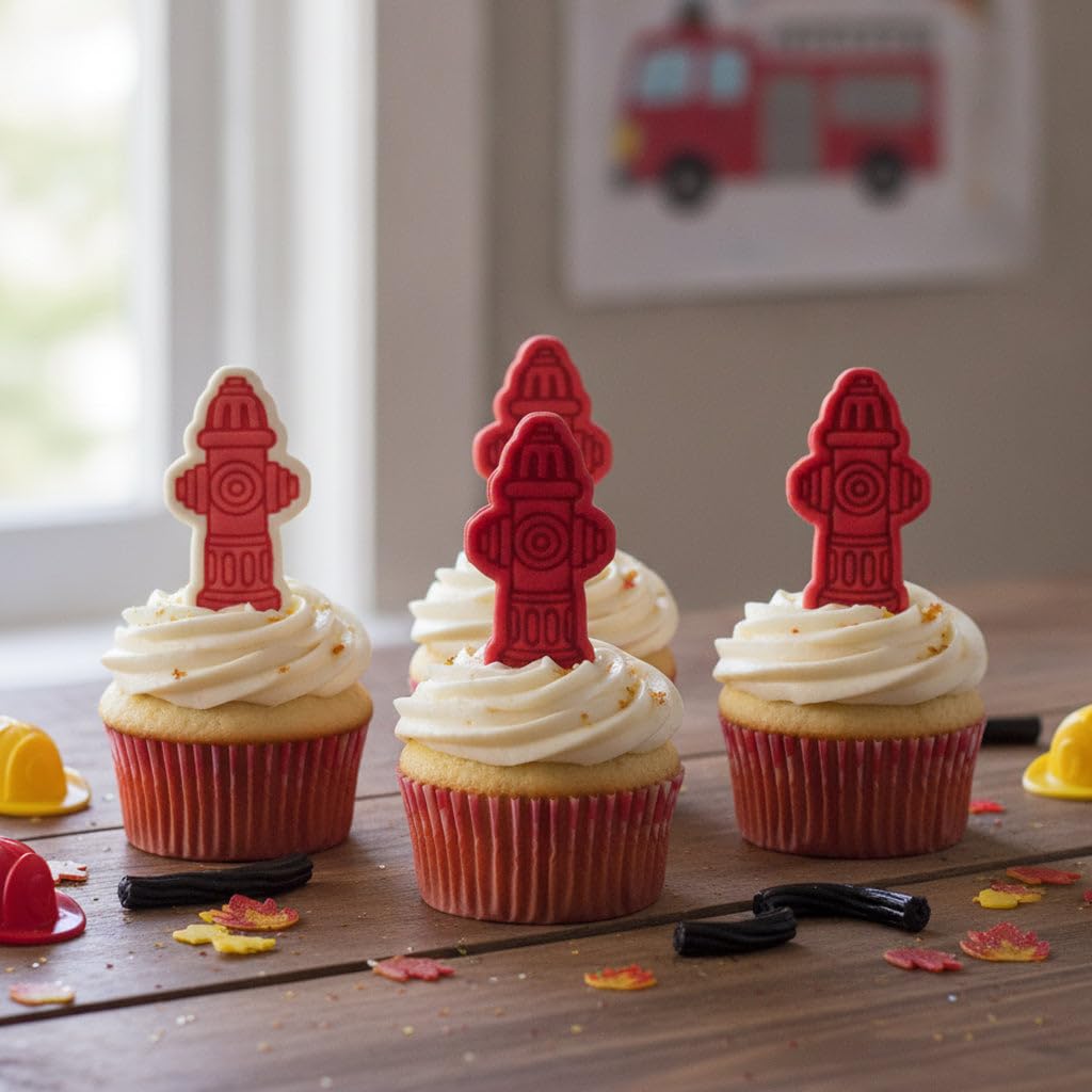 BAKERLOGY Lot de 4 Mini Emporte-pièces & Tampons Pompier – Borne Incendie, Camion de Pompiers, Casque et Extincteur pour Fondant, Biscuits, Sablés, Fête des Pompiers & Secours d’Urgence