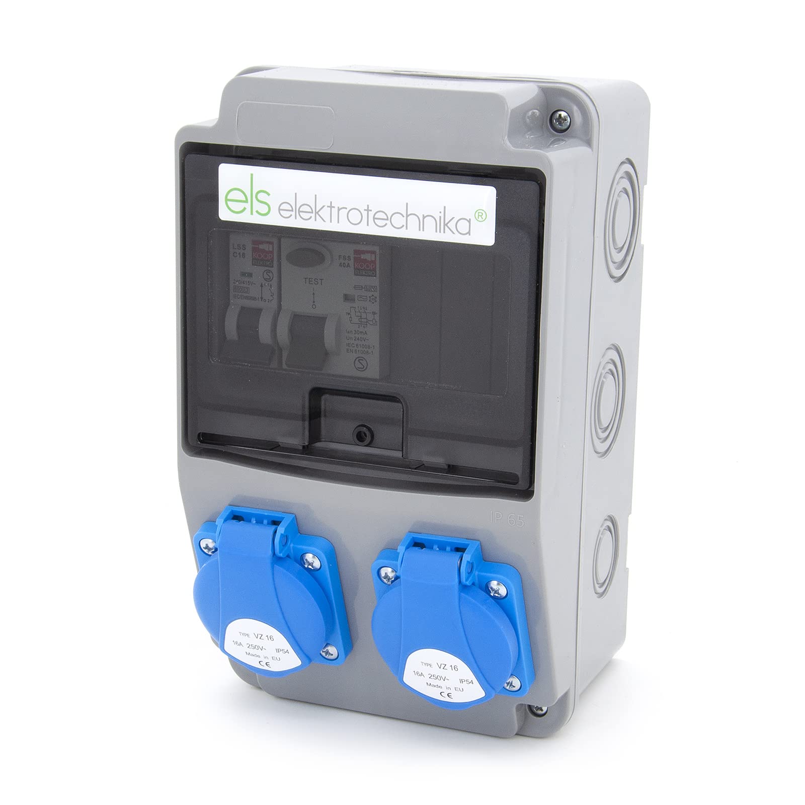 ELS Elektrotechnika Wandverteiler mit FI Schalter 40/2/0.03A 2x Schuko Steckdose 230V 1x Leistungsschalter C16A 1P Baustromverteiler für Indoor/Outdoor-Bereich, Werkstätten und Fabriken IP54